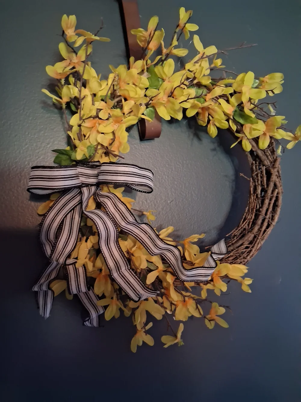 Yellow Forsythia Grapevine Wreath with Striped Bow - Home Holiday